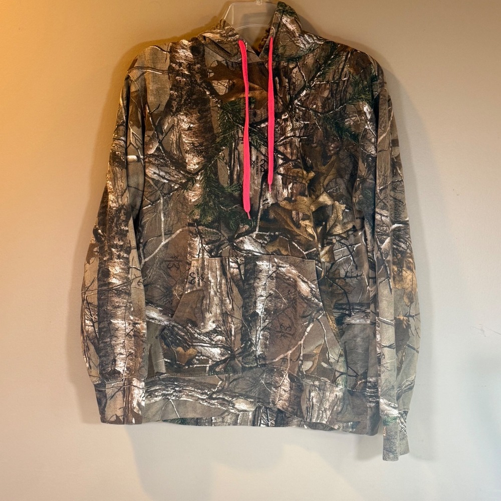 Realtree Camo Hoodie Womens L Brown Pink Accents Lightweight Hunting Outdoors